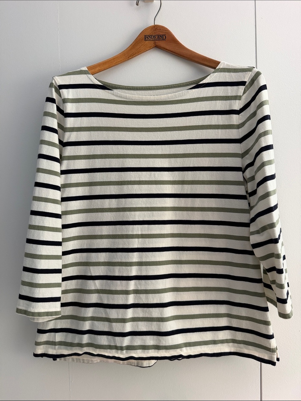 Talbots Striped Boatneck Top in White, Black & Olive